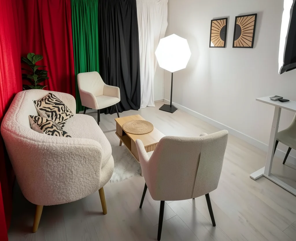 El estudio de pódcast con los fondos rojo, croma, negro y blanco, un sofá, dos sillones y una mesa baja